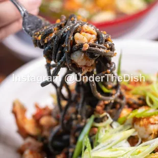 Black Spaghetti with Hot Calabrese Sausage, Red Shrimp &amp; Scallions