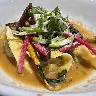 Beef Tortellini in Umami Brodo with Artichoke, Cherry Tomato &amp; Bok Choi