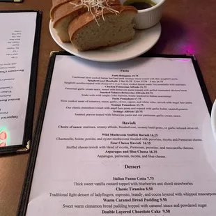 Menu and free bread with dipping oil