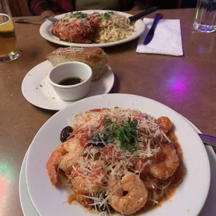 Scampi pomodoro and chicken parm with fettuccine