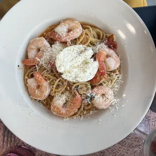 Burrata pasta added prawns