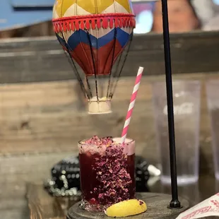 a hot air balloon in the background