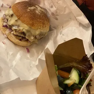 Double cheeseburger with side salad