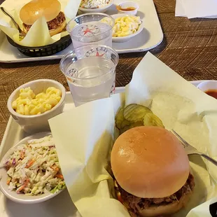 Pulled Pork Sandwich with coleslaw and macaroni &amp; cheese.
