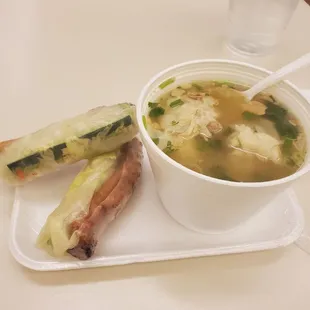 Pint wonton soup, Bodard spring rolls (pork and frescucumbers, lettuce, carrots)