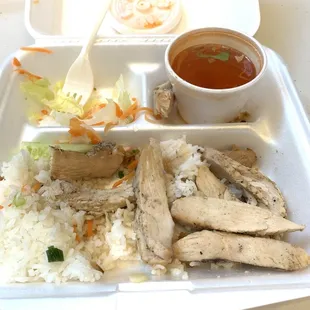 a meal in a styrofoam container