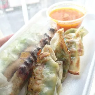 sampler of my meal for picture purposes // Bodard fresh spring rolls + Bodard dipping sauce + tofu &amp; veggie pan fried dumplings