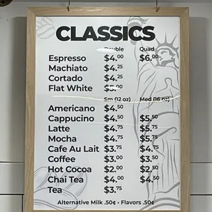 Coffee Menu (not including special drinks)