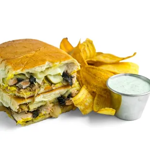 Veggie Cuban: Slow Roasted Jackfruit, Cremini Mushrooms, Swiss, Pickles &amp; Mustard. Served w/ Plantain Chips &amp; Garlic Cilantro Sauce