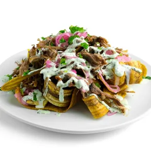 Cuban Nachos:
Plantain chips topped with roasted pork, pickled onions, queso blanco, garlic cilantro sauce &amp; fresh cilantro