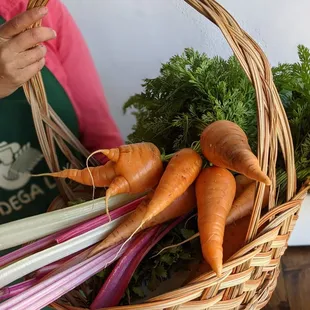 a woman holding a basket of vegetables