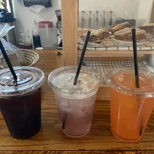 Coffee, Purple Haze tea, and strawberry lemonade from Cafecito, on-site cafe at Bodega Loya