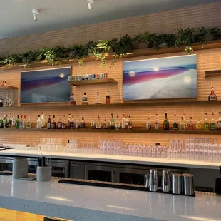 a bar with a lot of bottles and glasses