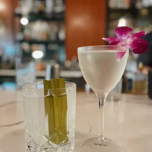 club bodega (havana club rum, pandan, lemon) //  &quot;the girl with the Kiku tattoo&quot; (Roku rum, chrysanthemum).