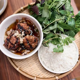 Bun Cha - heritage pork belly and meatballs, pickled carrots and kohlrabi, rice noodles, vietnamese herbs