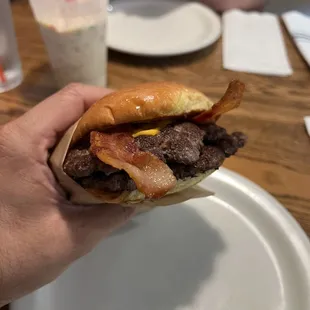 Double smash burger with bacon.