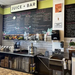 a counter with a menu on it