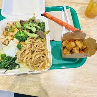 Vegan orange chicken, vegan beef and broccoli, lo mein, ma po tofu.