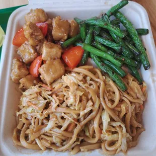 Lo mein with orange chicken and Szechuan green beans