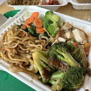 Lo mein, Beijing broccoli and beef, Napoli tofu, mushrooms, greens