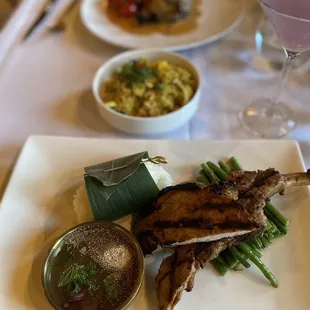 Pork chops with sticky rice and asparagus