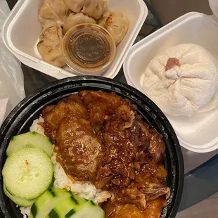 Braised Eggplant , taro bun, potstickers