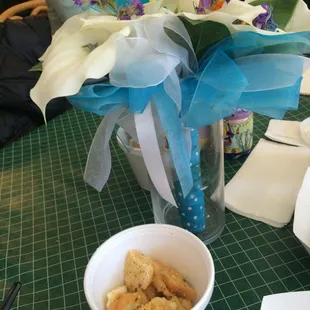 Amazing butter/garlic croutons on each table