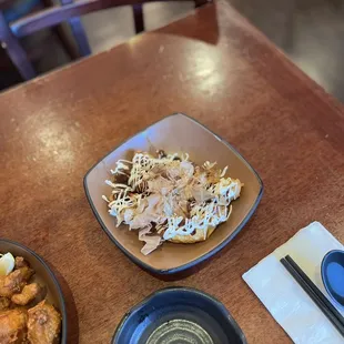 Deep fried gyoza with takoyaki sauce