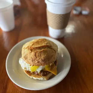 Famous buttermilk biscuits, 1 egg, sausage, and cheese.