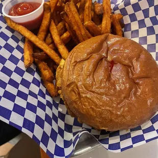 Nashville hot chicken sandwich with sweet potato fries