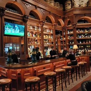 a bar with wooden bar stools