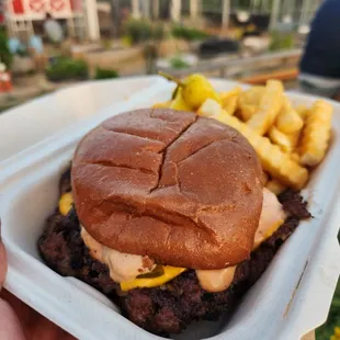 Double smash cheeseburger with fries