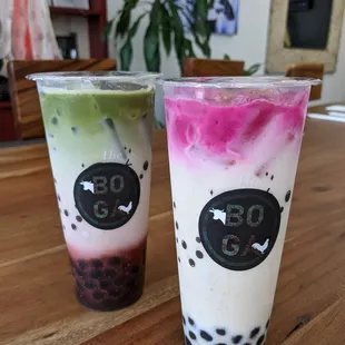 Left: matcha strawberry with boba Right: pink horchata with boba