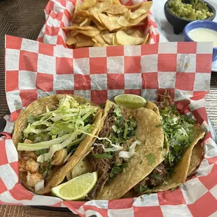 Street tacos- shrimp, barbacoa, and carne asada. Fresh house made chips and guac