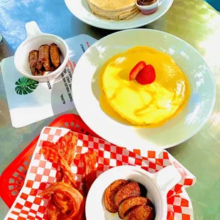 Mango and Banana Pancakes + side of sausage, beef pattie&apos;s, bacon, &amp; taro chunks