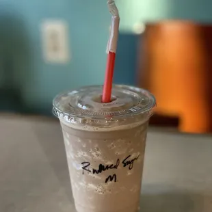 Iced blended reduced sugar mocha! The flavor reminds me fondly of weight loss shakes :-)