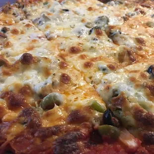 Grand Slam pizza: Canadian bacon, pepperoni, sausage, onions, mushrooms, black olives, green olives, green peppers. Soooo goood