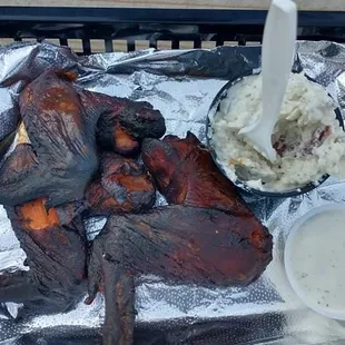 The smoked wings and potato salad with homemade ranch.