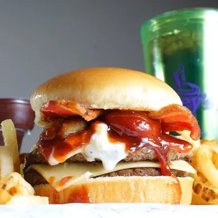 Blue Dragon Burger - Two patties, fried jalapenos, pepperjack cheese, bacon, bbq sauce and blue cheese. So good...