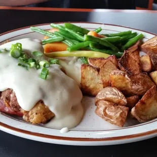 The inside out chicken cordon blue with roasted potatoes.