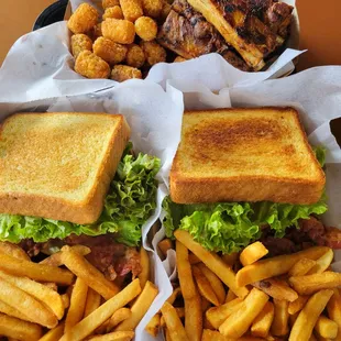 Brisket with taters, two BLTs with fries