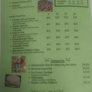 Pizzas calzones desserts