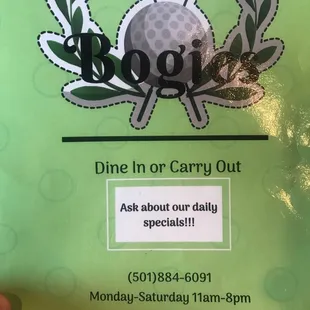 a menu for a golf event