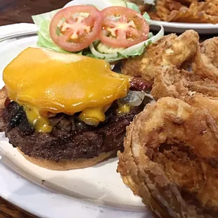 a burger and onion rings