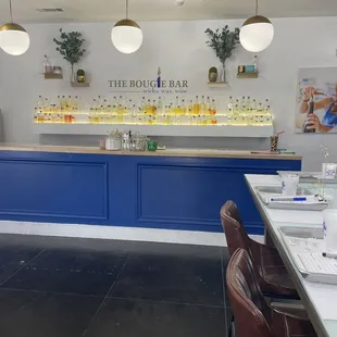 a bar with blue cabinets and stools