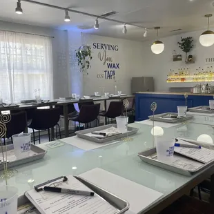 a long table with place settings