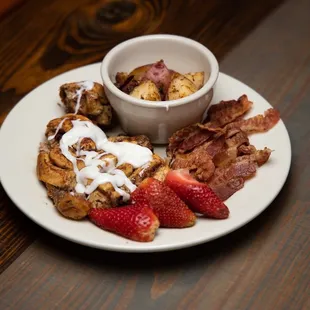 French toast casserole, bacon, and roasted potatoes!