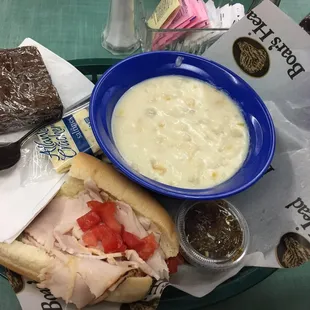 1/2 a turkey deluxe with no lettuce, cup of corn chowder and a brownie!
