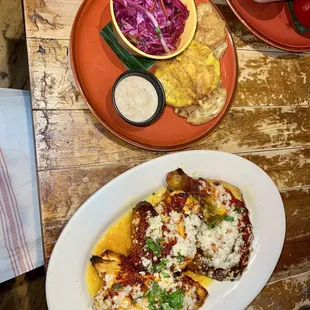 Garlic Rotisserie Chicken with sides Tostones and Red Cabbage Salad