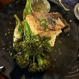 Salmon picatta with mash potatoes and broccoli. Broccoli was a little undercooked!!